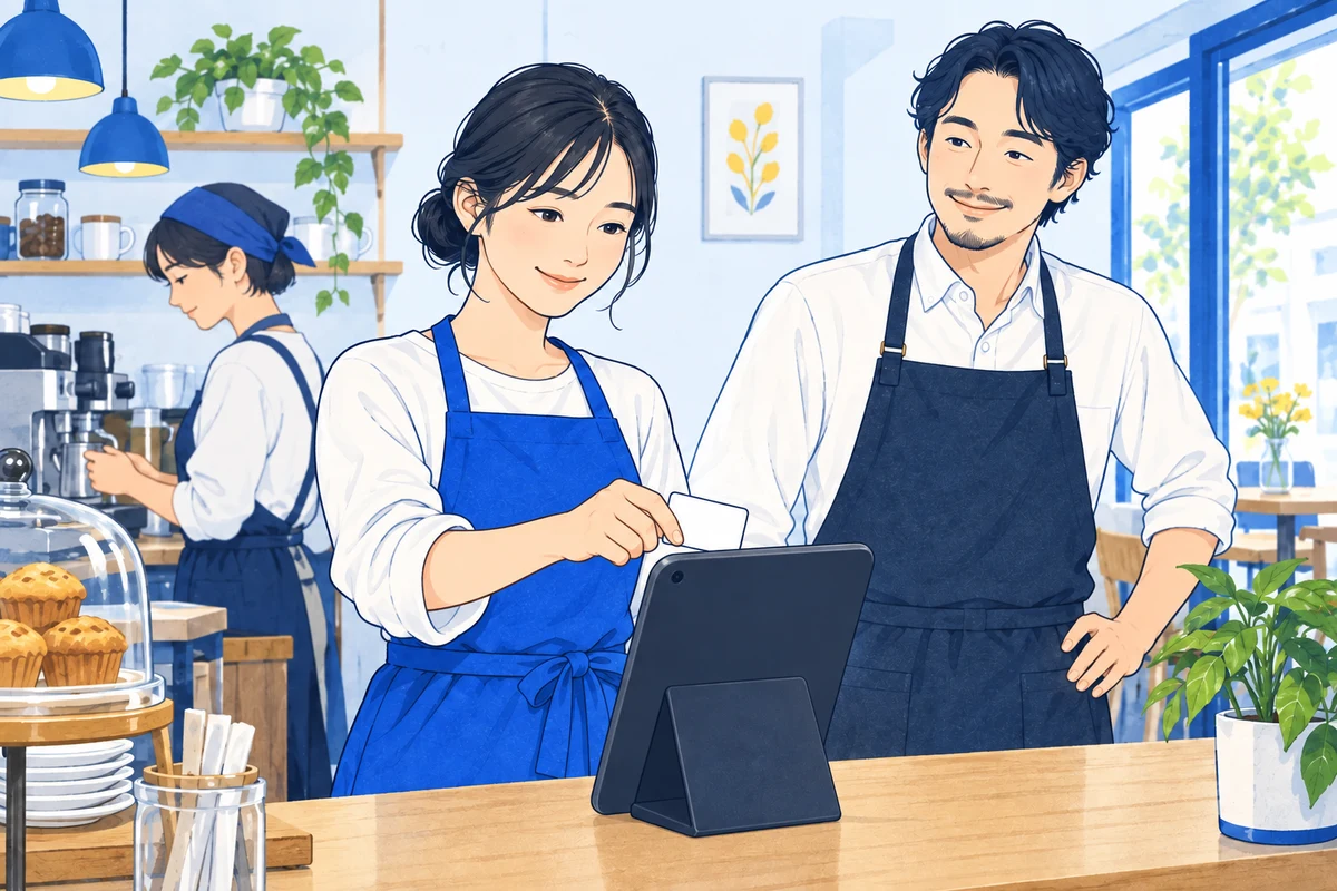 小さな店舗で、スタッフが共用タブレットにカードをかざす利用イメージ